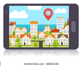 Smart Phone Navigation in City. Mobile GPS Concept Vector Illustration in Flat Style. Travel Symbols on the Screen