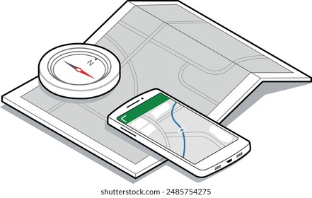 smart phone navigation and compass on a paper map vector illustration.