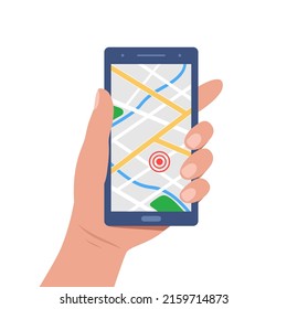 Smart phone navigation - mobile gps and tracking concept: location track app on touchscreen smartphone. Vector illustration