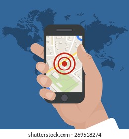 Smart Phone Navigation - Mobile Gps And Tracking Concept: Location Track App On Touchscreen Smartphone, On World Map Background, Falat Style. Vector Illustrations