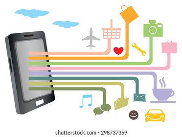 Smart phone with network connections to different web icons for internet applications. Vector illustration isolated on white background.