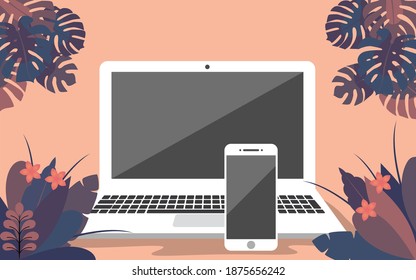 smart phone and notebook with plant in flat design