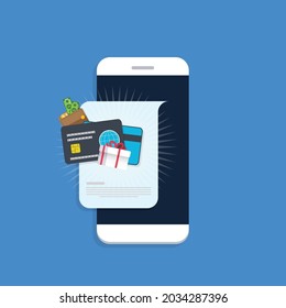 Smart phone notification with gift box, money, present and cash. Online award or bonus achievement as giveaway.