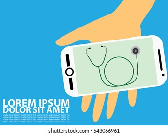 Smart Phone on human hand and stethoscope apps. Medical health care medicine mobile consultant. Vector illustration