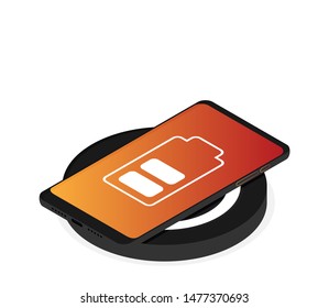 Smart phone on wireless charging device. Isometric vector illustration.