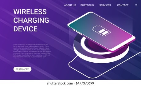 Smart phone on wireless charging device. Isometric vector illustration.