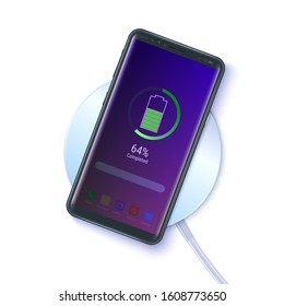 Smart phone on wireless charging device isolated on white background. Top view. Battery icon and charging progress lighting on screen smart phone. 3d vector illustration, EPS10.