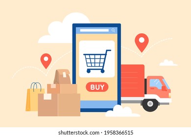 Smart phone online shopping app with trackable delivery truck and parcels. Online shopping on mobile phone. Flat style illustration.