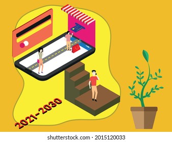 smart phone online shopping with character talking on mobile, ATM and Visa card to pay online and modern design with full color background and flower pot vector of the year 2021-2030