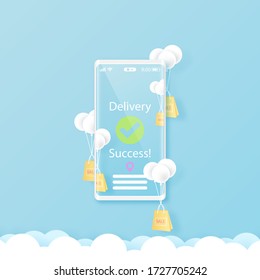 Smart phone with online shopping and delivery service concept template background.Paper art Vector illustration.