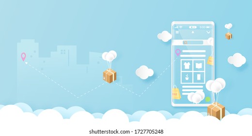 Smart phone with online shopping and delivery service concept on mobile application landing page template background.Vector illustration.