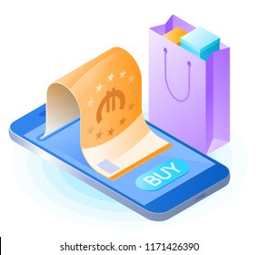 The smart phone, paper euro, shopping bag. Flat vector isometric illustration. Online store, internet shop, web buying and paying, money, mobile payment, purchase with mobile phone business concept.