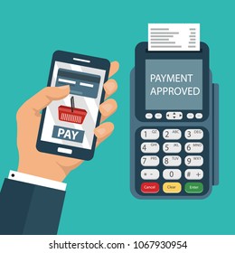 Smart phone pay money with processing of protected mobile payments from credit card nfc technology communication concept.