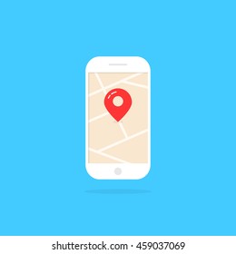 smart phone with pin and shadow. concept of mapping, roadmap, trip, urban path, online tour, gadget, ride, 	device. flat style trend modern logo graphic design vector illustration on white background