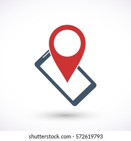 Smart phone with pin vector icon. Graphic symbol for web design, logo. Isolated sign on a white background.