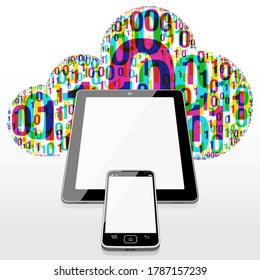 A Smart Phone placed centrally on a Digital tablet. A software "Binary data cloud" sits behind the 2 screen devices.