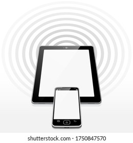 A Smart Phone placed overlapping a Tablet PC device. Emitting from both devices is a strong advanced Wi-Fi signal.