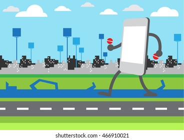 Smart Phone Player.Play a Mobile Game Using Location Information.Walk on Street with Mobile phone.Vector Illustration. Cartoon theme