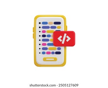 Smart phone and program code development coding icon concept of mobile app development icon 3d render