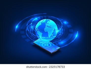 Smart phone project the world within a circle of technology. It symbolizes the seamless connection between technology and the world, enabling universal access to information networks on the Internet