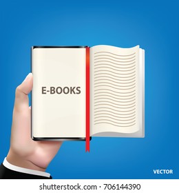 Smart phone for read e-books in hand on blue background. Minimalist idea concept Learning technology.3d realistic vector illustration,