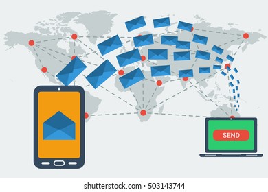 Smart phone with received a letter and computer sending many blue envelopes around the world. Vector concept of communication and e-mailing worldwide. Illustration in flat style