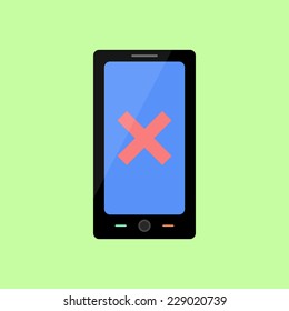 Smart phone with red cross as error icon in flat style