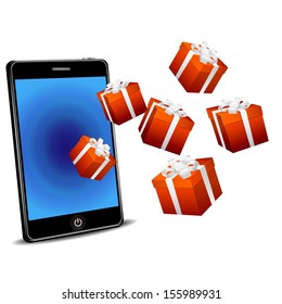 smart phone with red gift boxes 