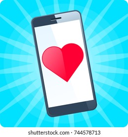 The smart phone with red heart shape on the screen. Flat Vector illustration of smartphone on the colorful background. The holiday gift, valentine, xmas, christmas, new year and celebrate concept.
