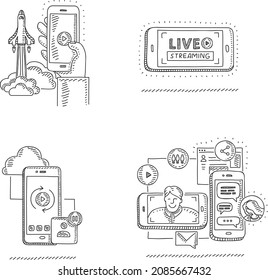 Smart phone remote technology set - sketchy hand-drawn vector illustrations. Remote technology control doodle, start up, live video, communication, video streaming.