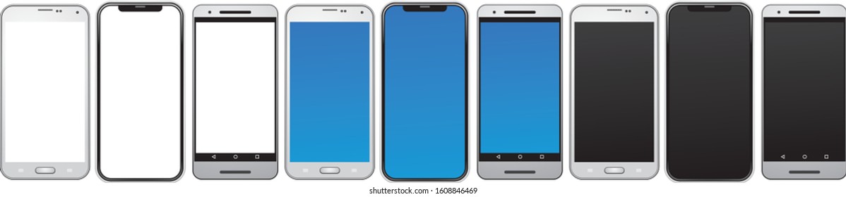 Smart phone, same types of the smartphones, mobile phones isolated with blank, blue and black screens vector illustration for the design or cell phone mockup   