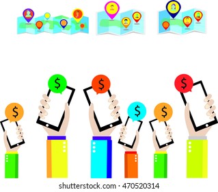 smart phone save money and map icon