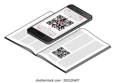 A smart phone scanning a QR code on a magazine page.