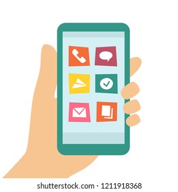 Smart phone screen and apps. Mobile phone in hand. Vector illustration in cartoon and flat style