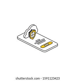 Smart phone screen cloud server shield. Vector line, 3d stroke isometric, color web icon, new flat style. Creative illustration design, abstract idea for infographics.