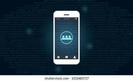 Smart phone screen with Global network and binary code background, Symbol of International communication, Social media and Digital devices technology which spans the entire earth.