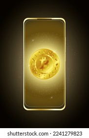 Pantalla inteligente de simulación de pantalla con papel pintado moneda digital bitcoin dorado y estrellas brillantes sobre fondo nocturno oscuro. Ilustración vectorial EPS10.