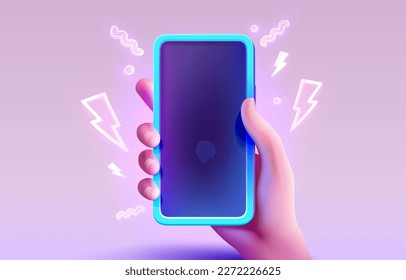 Smart phone screen neon, hand hold gadget electronic. Vector illustration