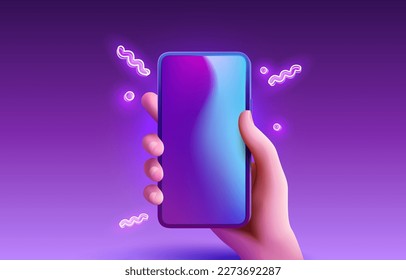 Smart phone screen neon, hand hold gadget electronic. Vector illustration