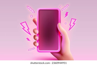 Smart phone screen neon, hand hold gadget electronic. Vector illustration
