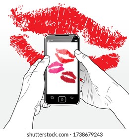 Una pantalla Smart Phone que presenta 3 besos de lápiz labial enviados desde un admirador romántico en línea. 