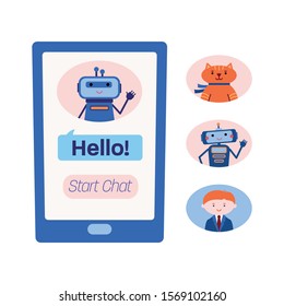 Smart phone screen showing chat with a technical assistance bot and three variants of other chatbots, artificial intelligence, virtual assistant, customer support concept, flat vector illustration