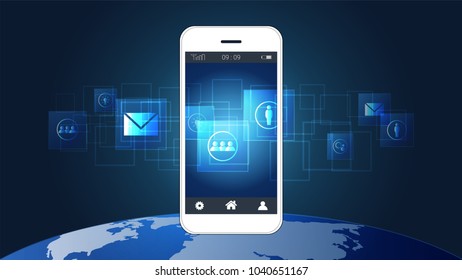 Smart phone screen showing digital circuit boards with icon and world map background, Symbol of International communication, Social media and devices technology which spans the entire earth.