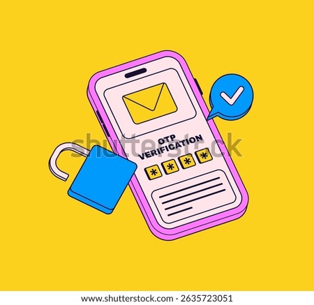 Smart phone screen showing OTP verification with a padlock and check mark icon in cartoon hand drawn vector illustration for digital security, authentication, and login process