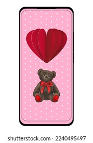 Smart phone screen with Valentine's Day or birthday wallpaper. Cute teddy bear toy flying on red air balloon on pink polka dots background. EPS10 vector illustration