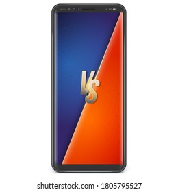 Smart phone with screen in Versus style for fight or competition. Gold letters VS on contrast colors. Vector template for smartphone X sizes. Phone UI