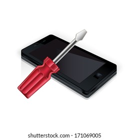 smart phone with screwdriver isolated on white background