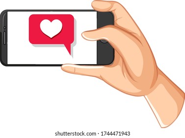 Smart phone searched with hands and love tag cartoon style isolated on white background illustration