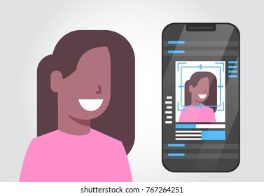 Smart Phone Security System Scanning African American Female User Biometric Identification Concept Face Recognition Technology Vector Illustration