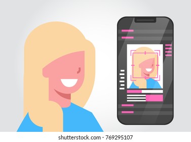 Smart Phone Security System Scanning Female User Biometric Identification Concept Face Recognition Technology Vector Illustration